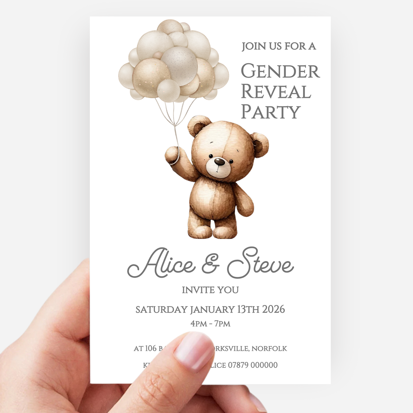 Cute Teddy Gender Reveal Invitations (Pack of 10) - P148