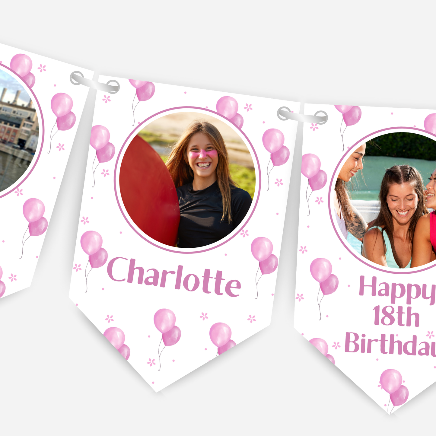 Personalised Pink Balloons Any Age Photo Bunting - B185
