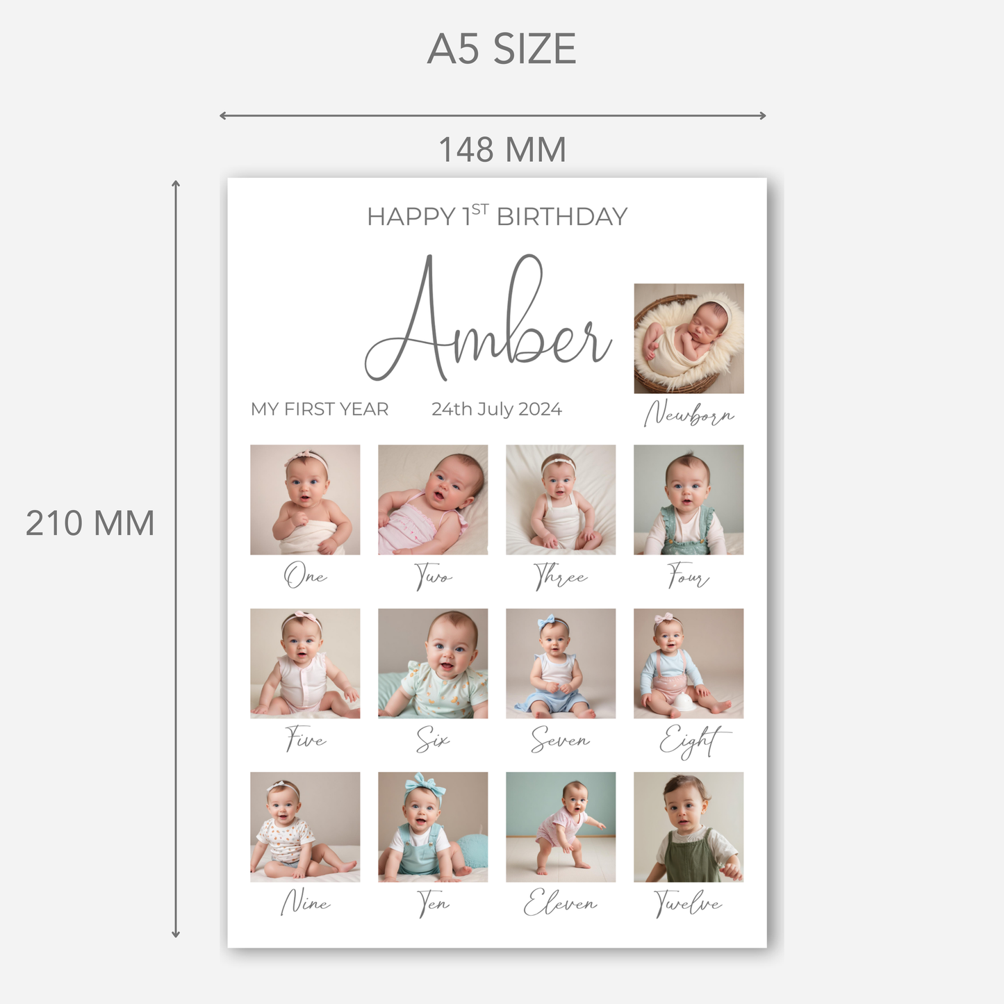 Newborn to 12 Months Milestone - Personalised 1st Birthday Photo Card - PC09