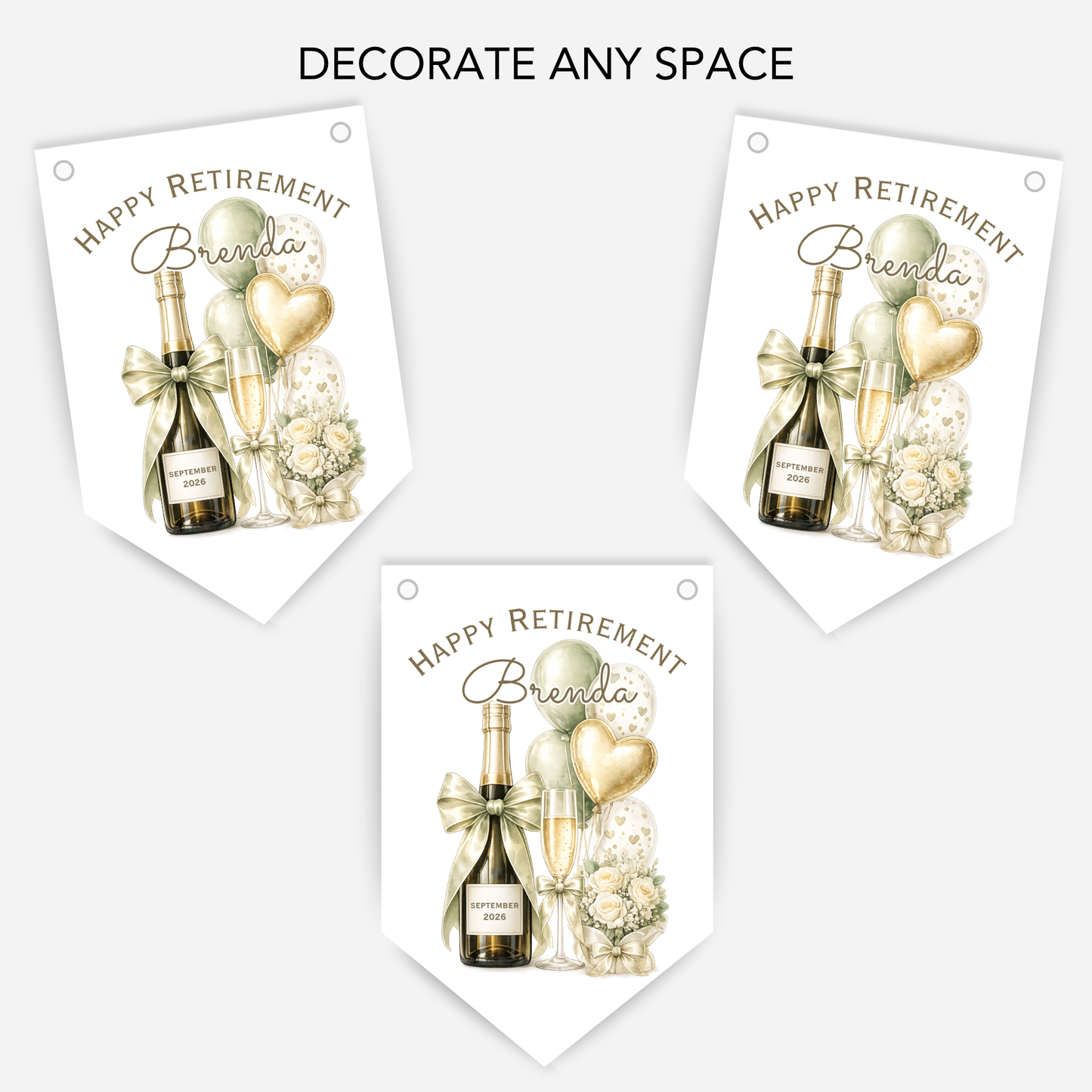 Retirement or any occasion bunting, pretty flowers, fizz and balloons design - B315