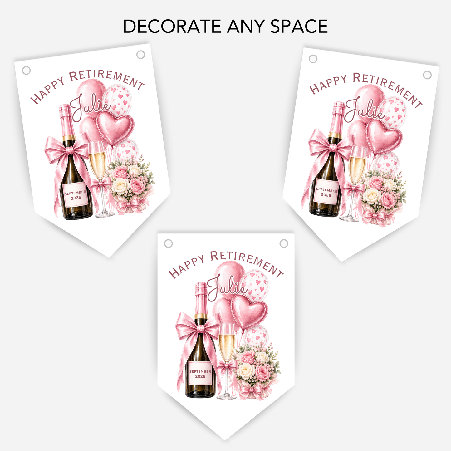 Retirement or any occasion bunting, pretty flowers, fizz and balloons design - B313