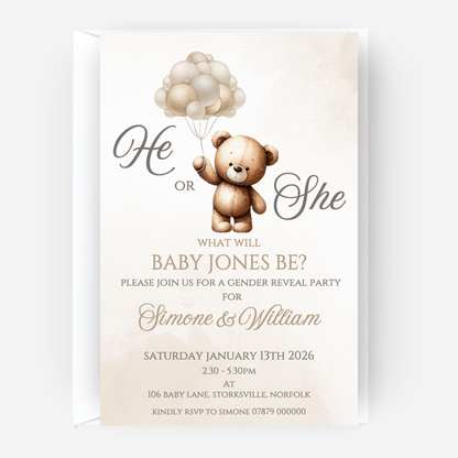 Cute Teddy Gender Reveal Invitations (Pack of 10) - P113