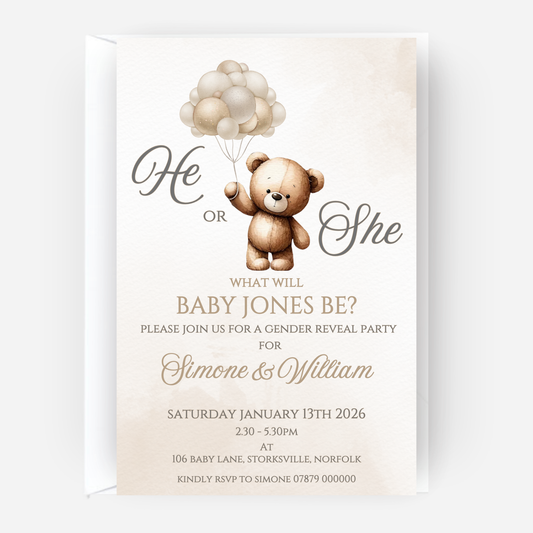 Cute Teddy Gender Reveal Invitations (Pack of 10) - P113