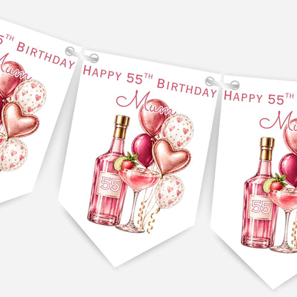Cocktail and Balloons Birthday Bunting Decoration – Custom Name & Age - Party Banner – 3 Colours Available – B321