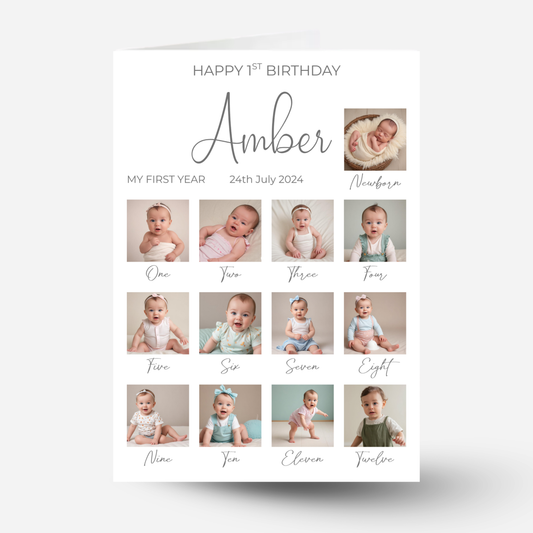 Newborn to 12 Months Milestone - Personalised 1st Birthday Photo Card - PC09