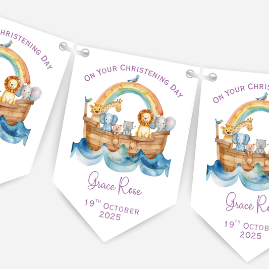 Noah's Ark Christening or Baptism Pink Bunting - B220