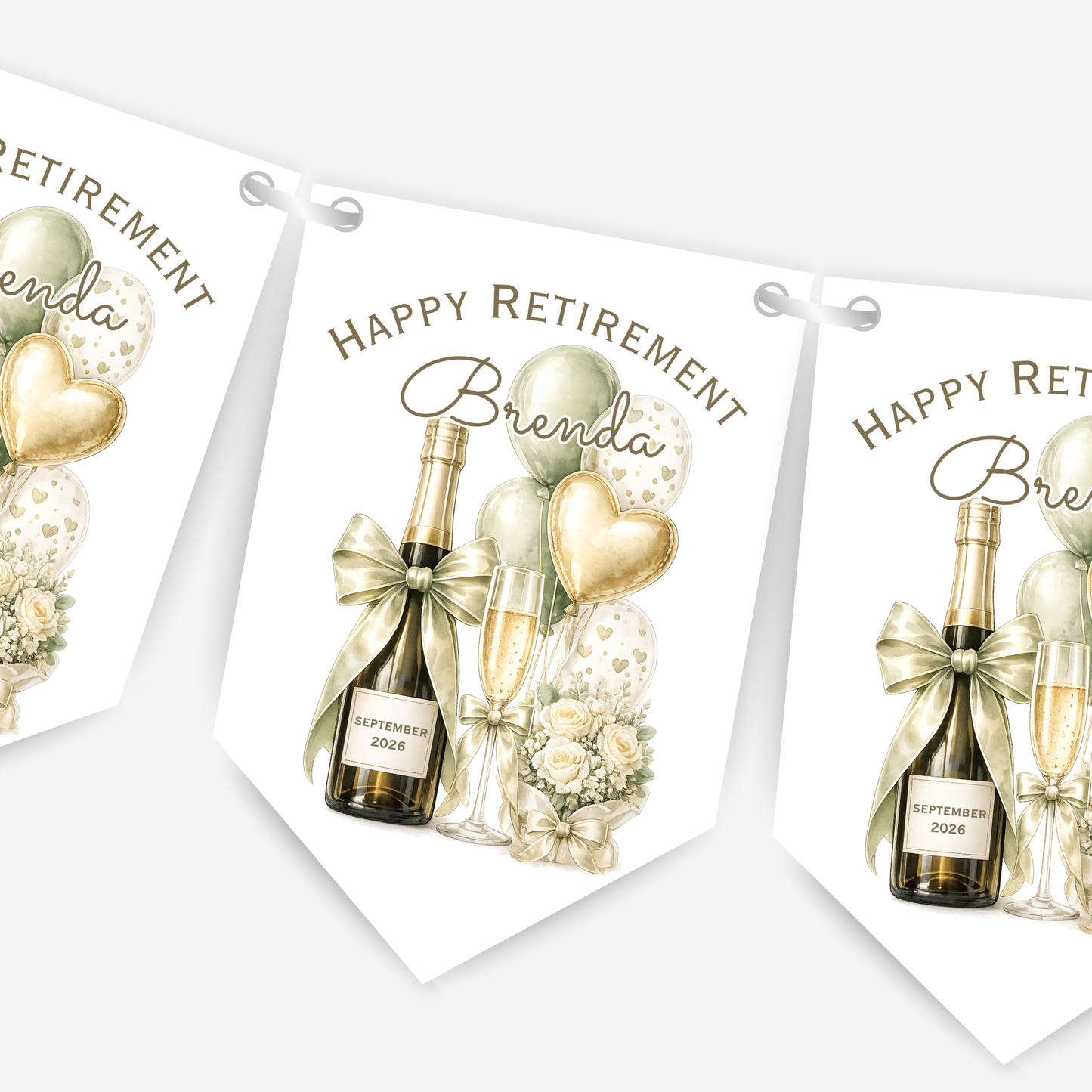 Retirement or any occasion bunting, pretty flowers, fizz and balloons design - B315