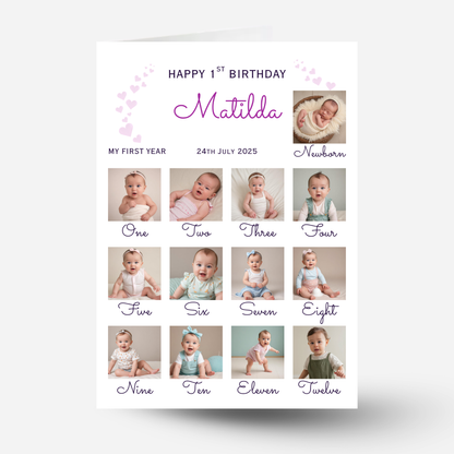 Newborn to 12 Months Milestone - Personalised 1st Birthday Photo Card - PC54