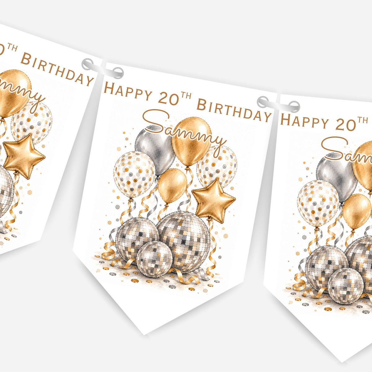Disco Ball and Balloons Birthday Bunting Decoration – Custom Name & Age - Party Banner – 2 Colours Available – B324
