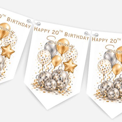 Disco Ball and Balloons Birthday Bunting Decoration – Custom Name & Age - Party Banner – 2 Colours Available – B324
