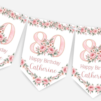 Flower Birthday Bunting Decoration – Custom Name & Age - Party Banner – 2 Colours Available – B328
