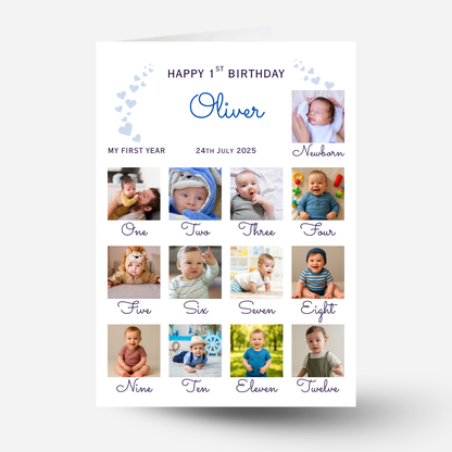 Newborn to 12 Months Milestone - Personalised 1st Birthday Photo Card - PC55
