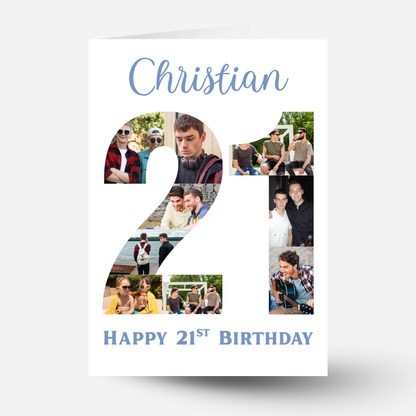 Blue 21st Birthday Photo Collage Card - PC08