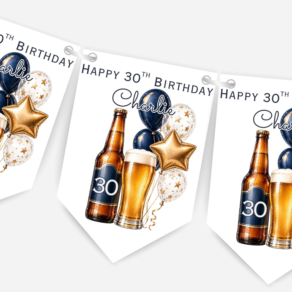 Beer and Balloons Birthday Bunting Decoration – Custom Name & Age - Party Banner – 2 Colours Available – B318