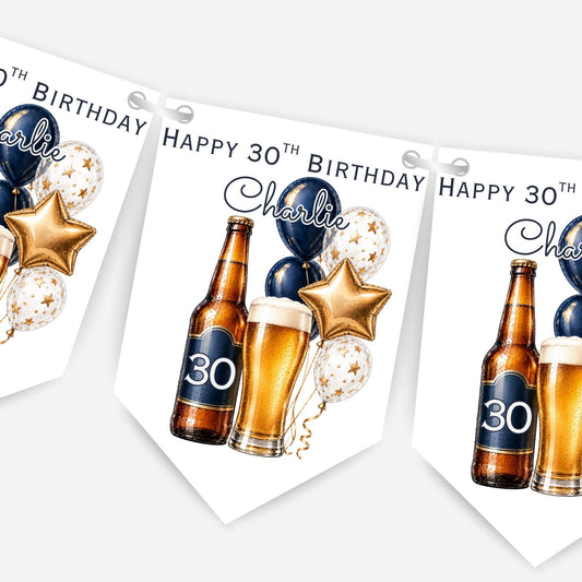 Beer and Balloons Birthday Bunting Decoration – Custom Name & Age - Party Banner – 2 Colours Available – B318