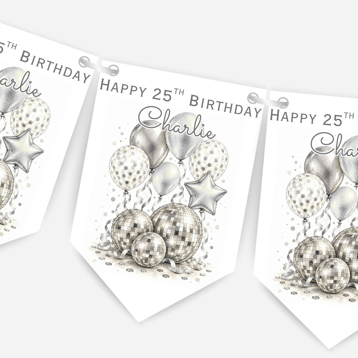 Disco Ball and Balloons Birthday Bunting Decoration – Custom Name & Age - Party Banner – 2 Colours Available – B324