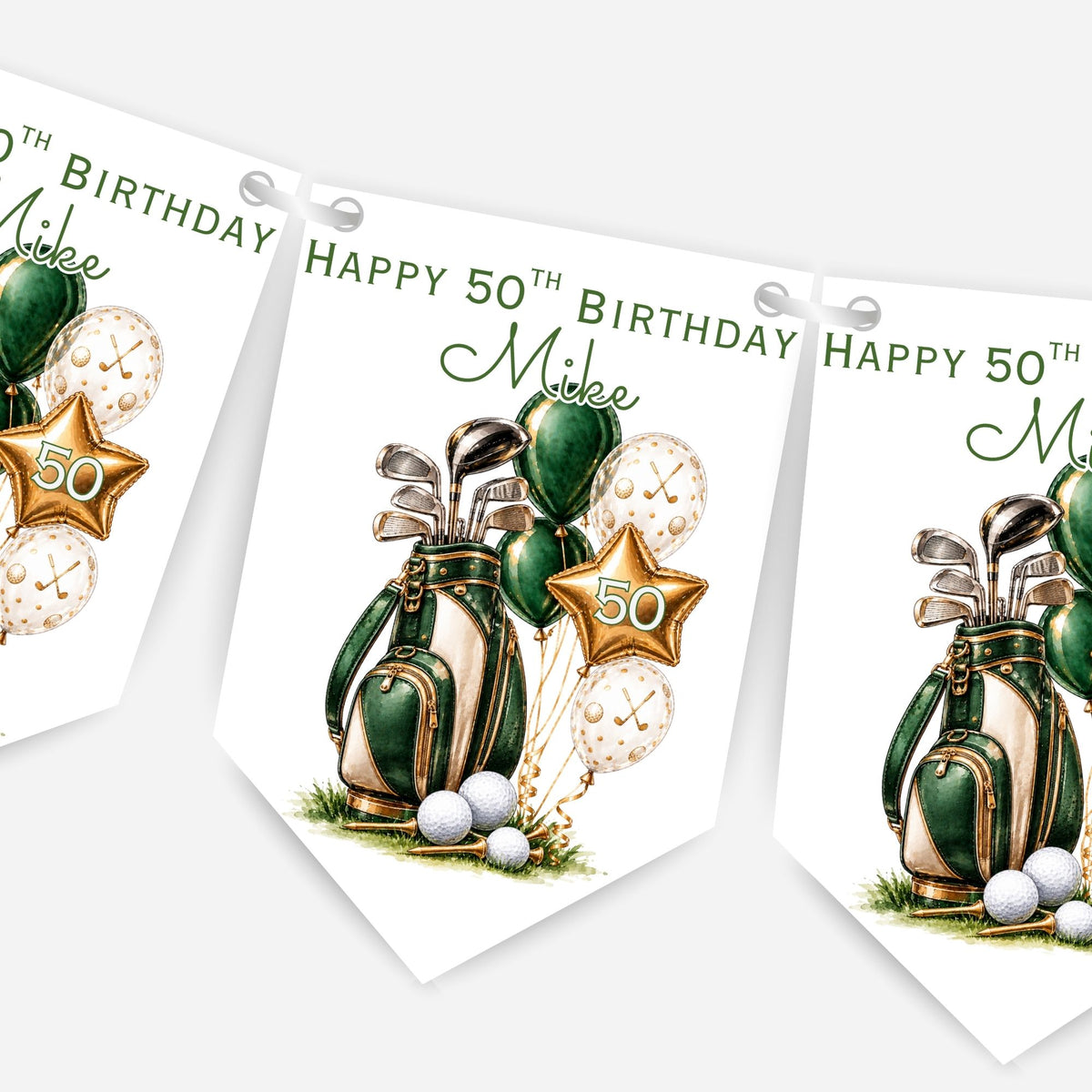 Golf Birthday Bunting Decoration – Custom Name & Age - Golfing Themed Party Banner – 4 Colours Available – B320