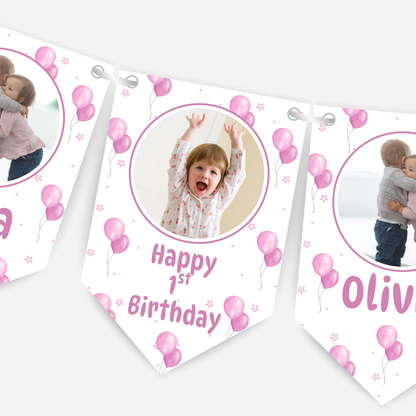 Personalised Pink Balloons Photo Bunting - B183