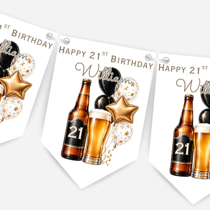 Beer and Balloons Birthday Bunting Decoration – Custom Name & Age - Party Banner – 2 Colours Available – B318