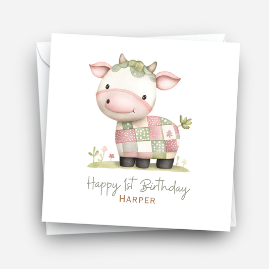 Cute Patchwork Cow Birthday Card - C599
