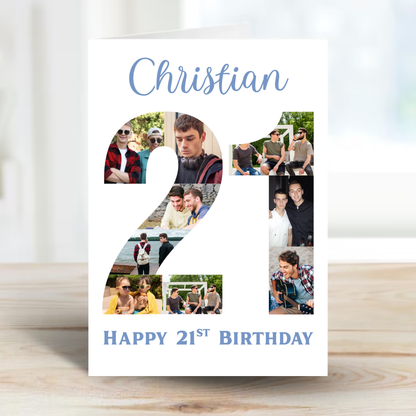 Blue 21st Birthday Photo Collage Card - PC08