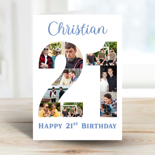 Blue 21st Birthday Photo Collage Card - PC08