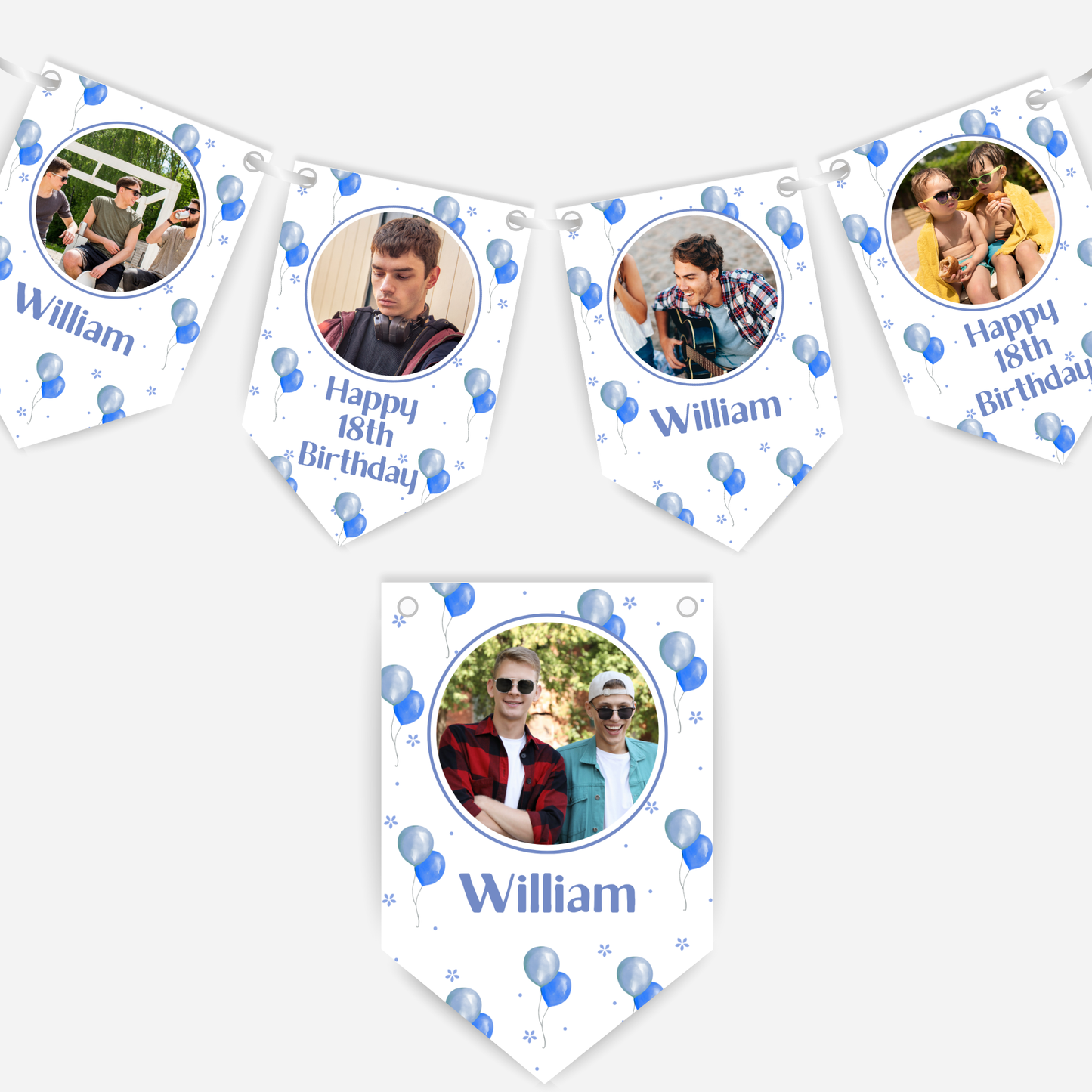 Personalised Blue Balloons Any Age Photo Bunting - B186