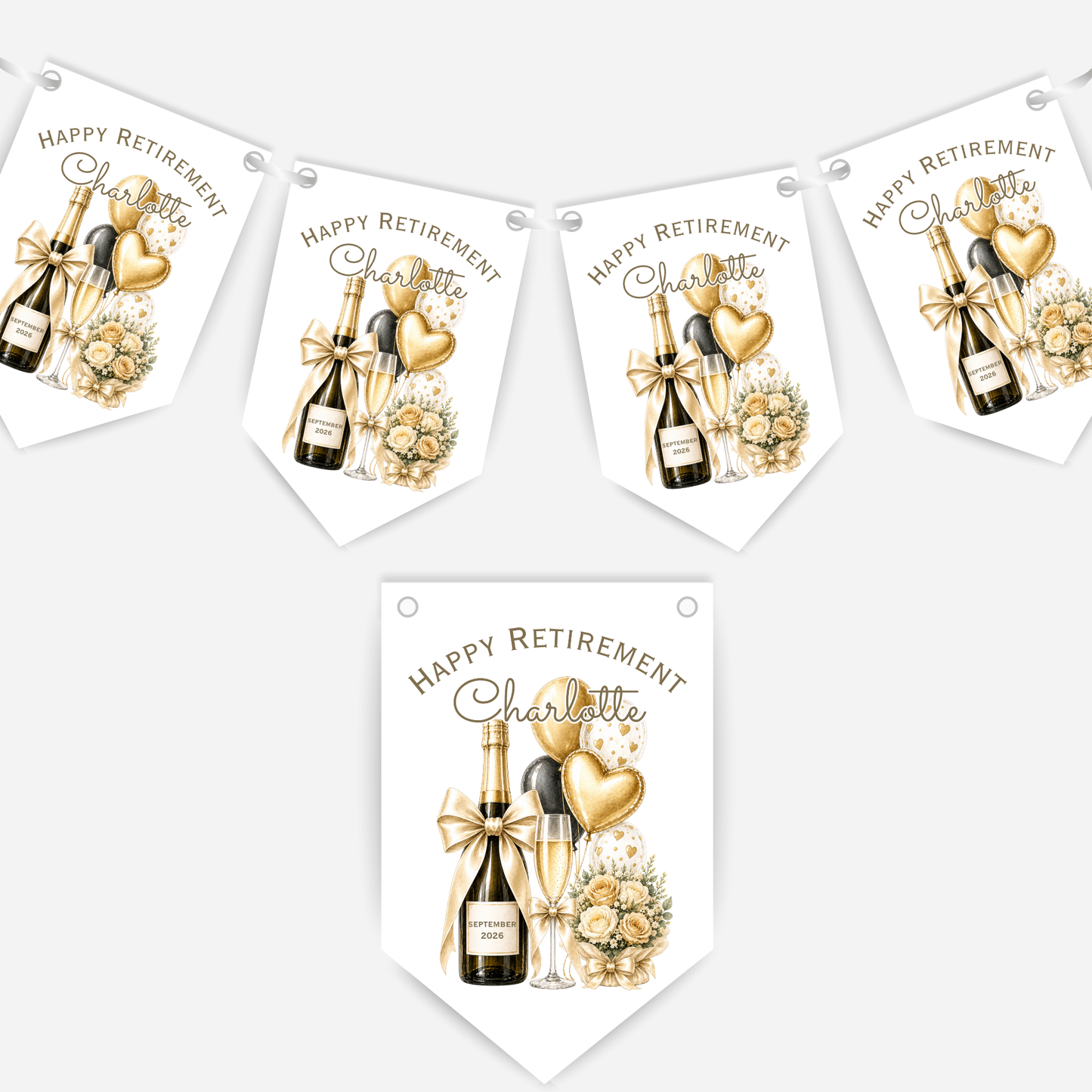 Retirement or any occasion bunting, pretty flowers, fizz and balloons design - B314
