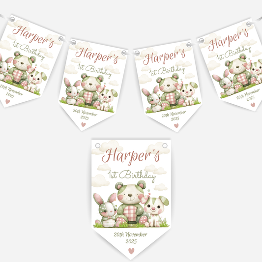 Cute patchwork animal 1st Birthday Bunting - B233