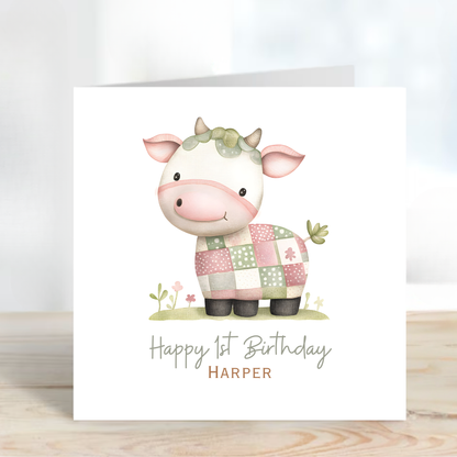 Cute Patchwork Cow Birthday Card - C599