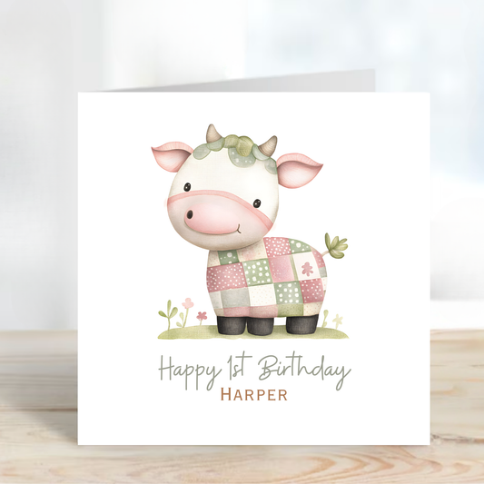 Cute Patchwork Cow Birthday Card - C599
