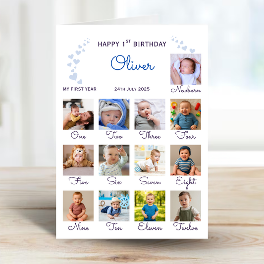 Newborn to 12 Months Milestone - Personalised 1st Birthday Photo Card - PC55