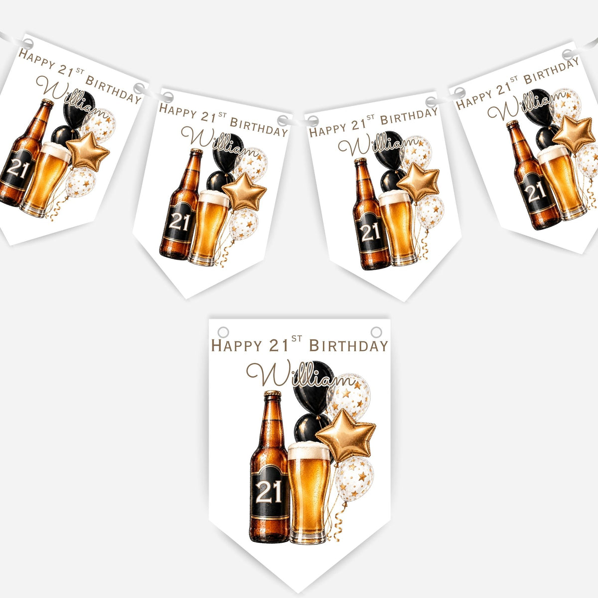 Beer and Balloons Birthday Bunting Decoration – Custom Name & Age - Party Banner – 2 Colours Available – B318