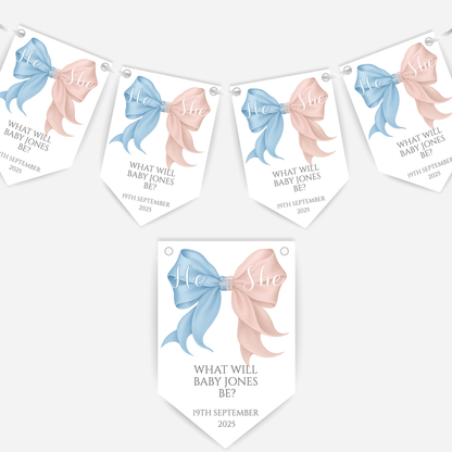 Pink and Blue Bow Gender Reveal Bunting - B225