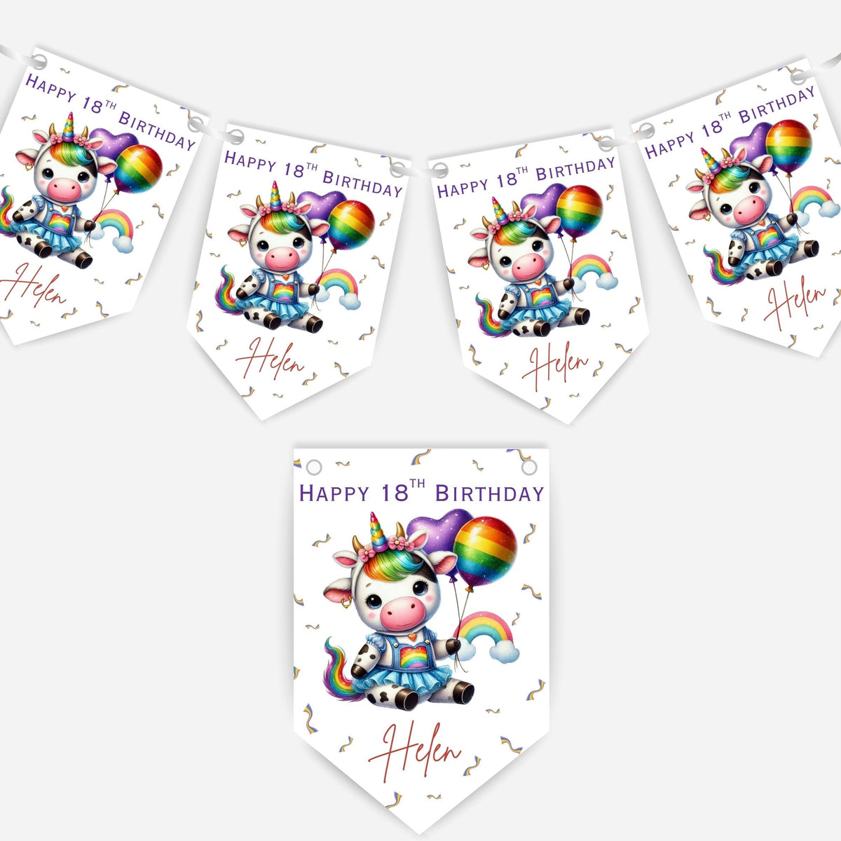 Rainbow Unicorn Cow Birthday Bunting -B345