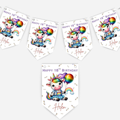 Rainbow Unicorn Cow Birthday Bunting -B345
