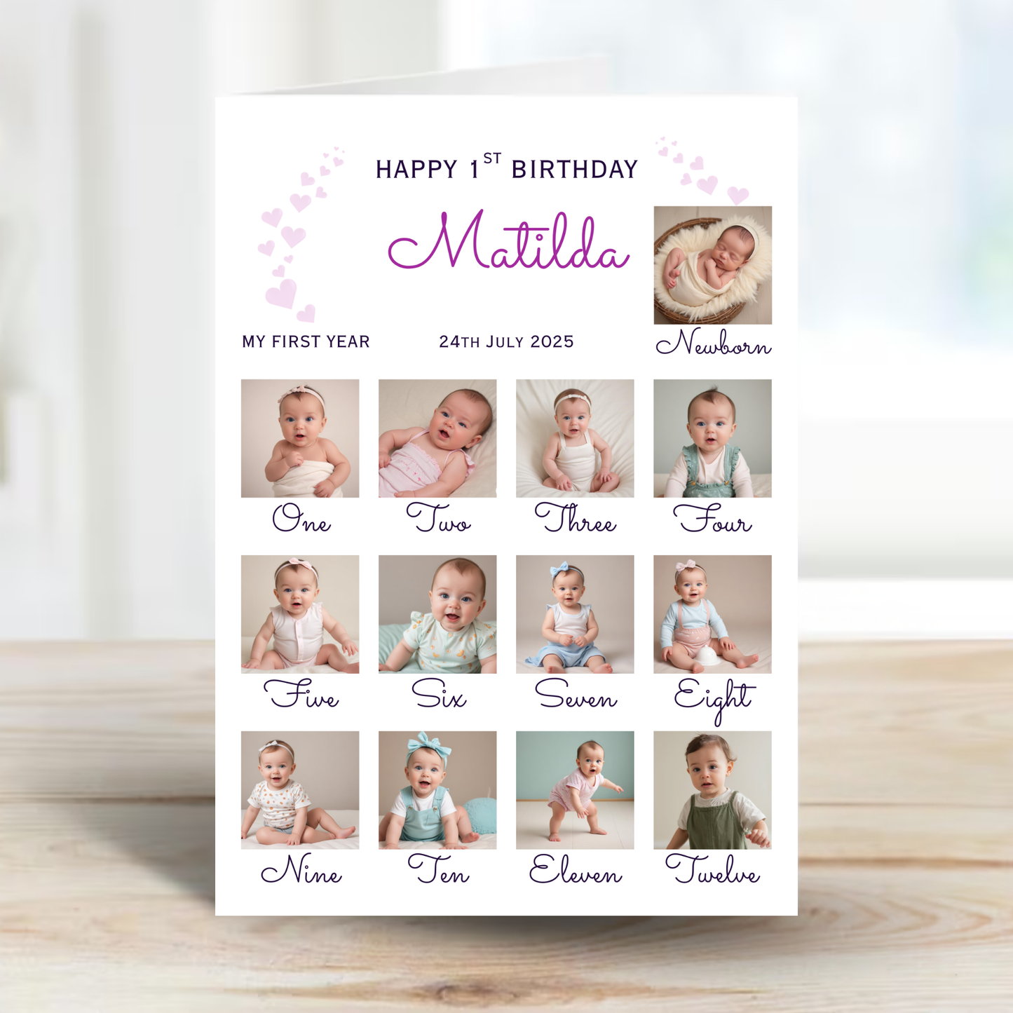 Newborn to 12 Months Milestone - Personalised 1st Birthday Photo Card - PC54