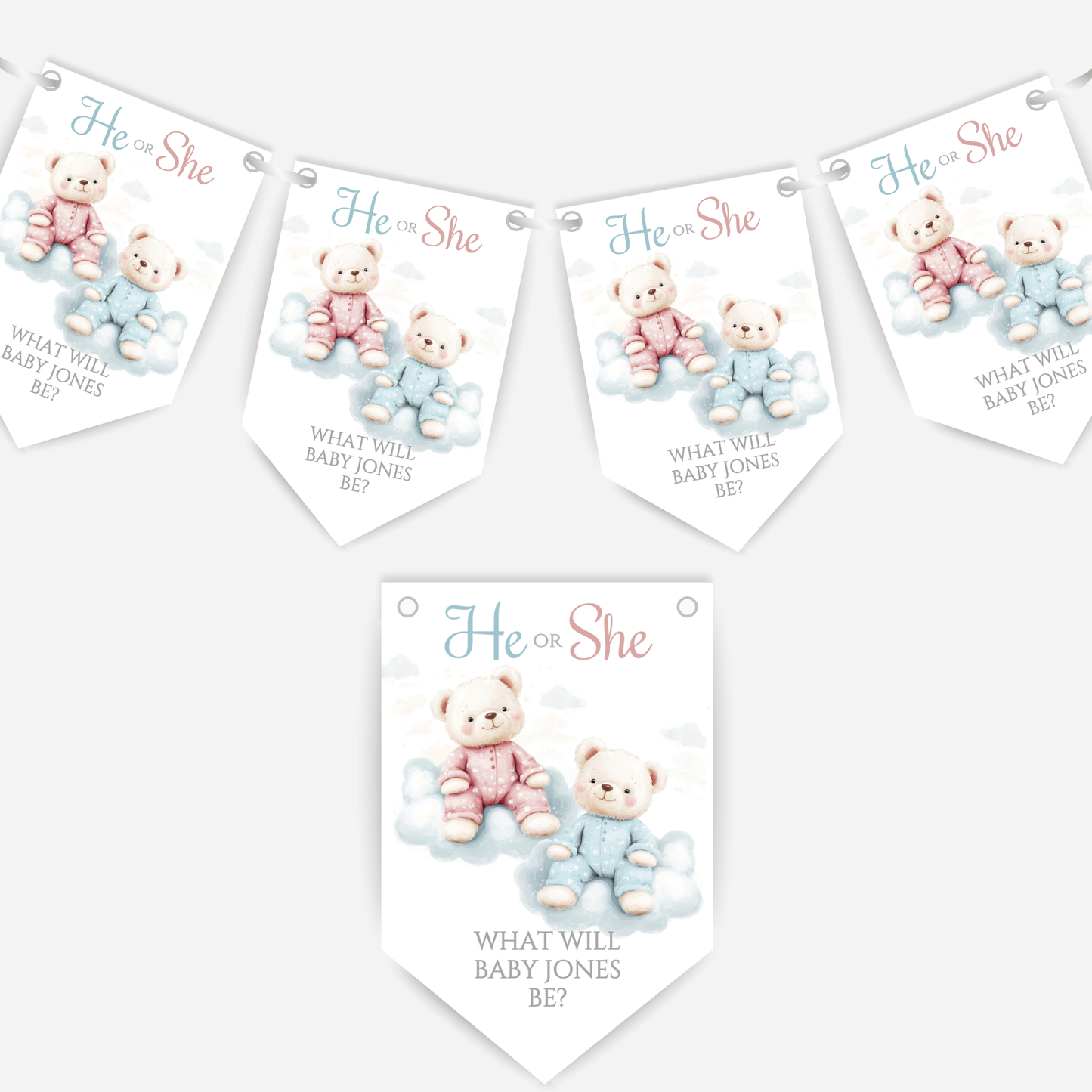 Cute Pink and Blue Teddy Bear Gender Reveal Bunting - B202