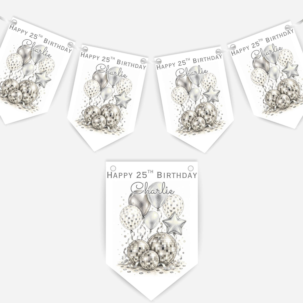 Disco Ball and Balloons Birthday Bunting Decoration – Custom Name & Age - Party Banner – 2 Colours Available – B324