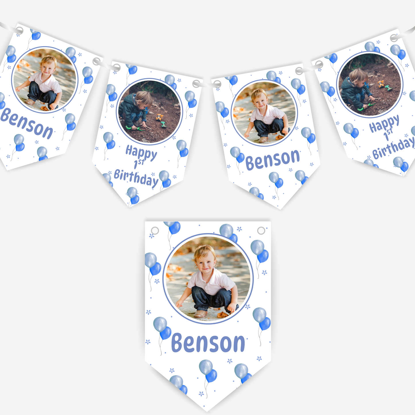Personalised Blue Balloons Photo Bunting - B184