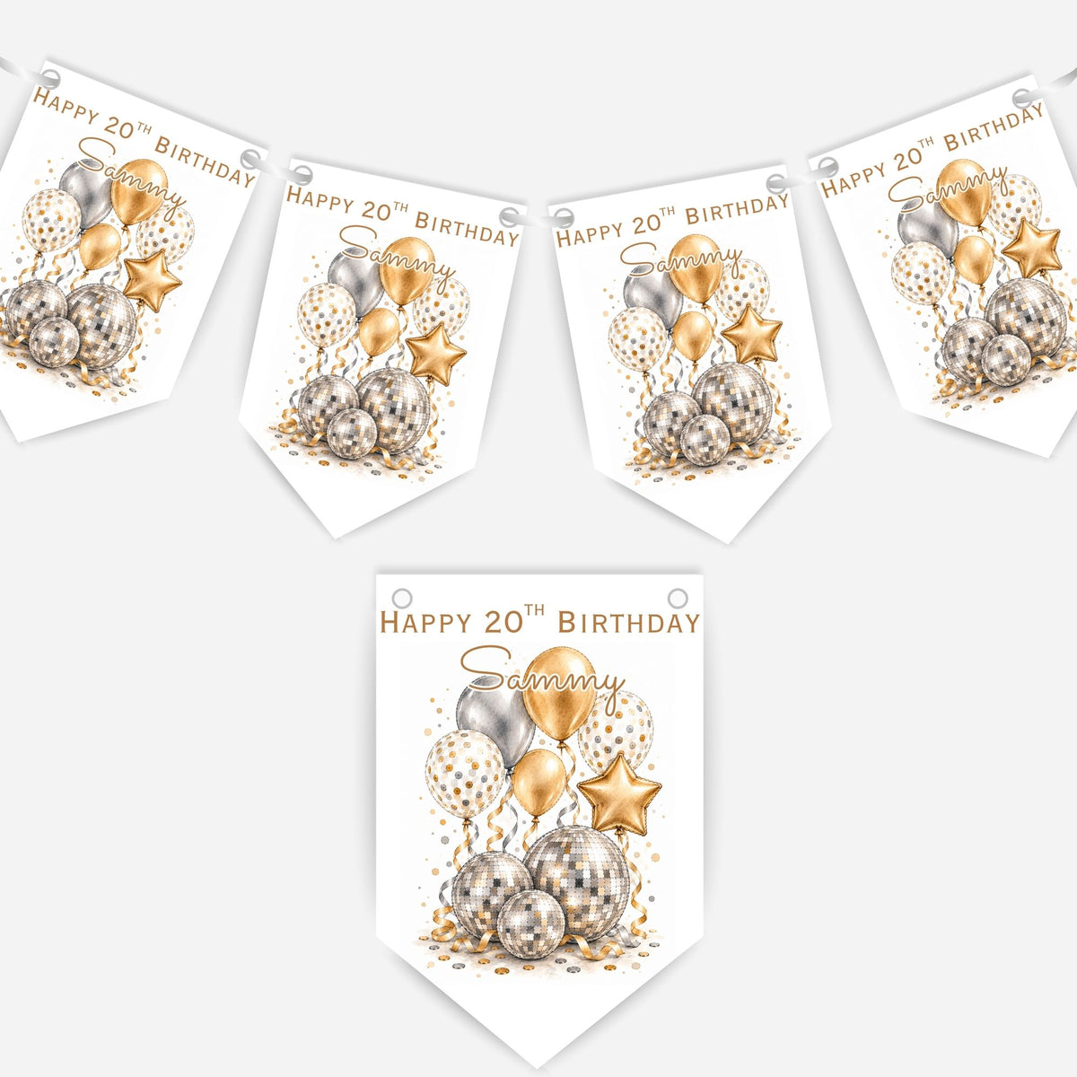 Disco Ball and Balloons Birthday Bunting Decoration – Custom Name & Age - Party Banner – 2 Colours Available – B324