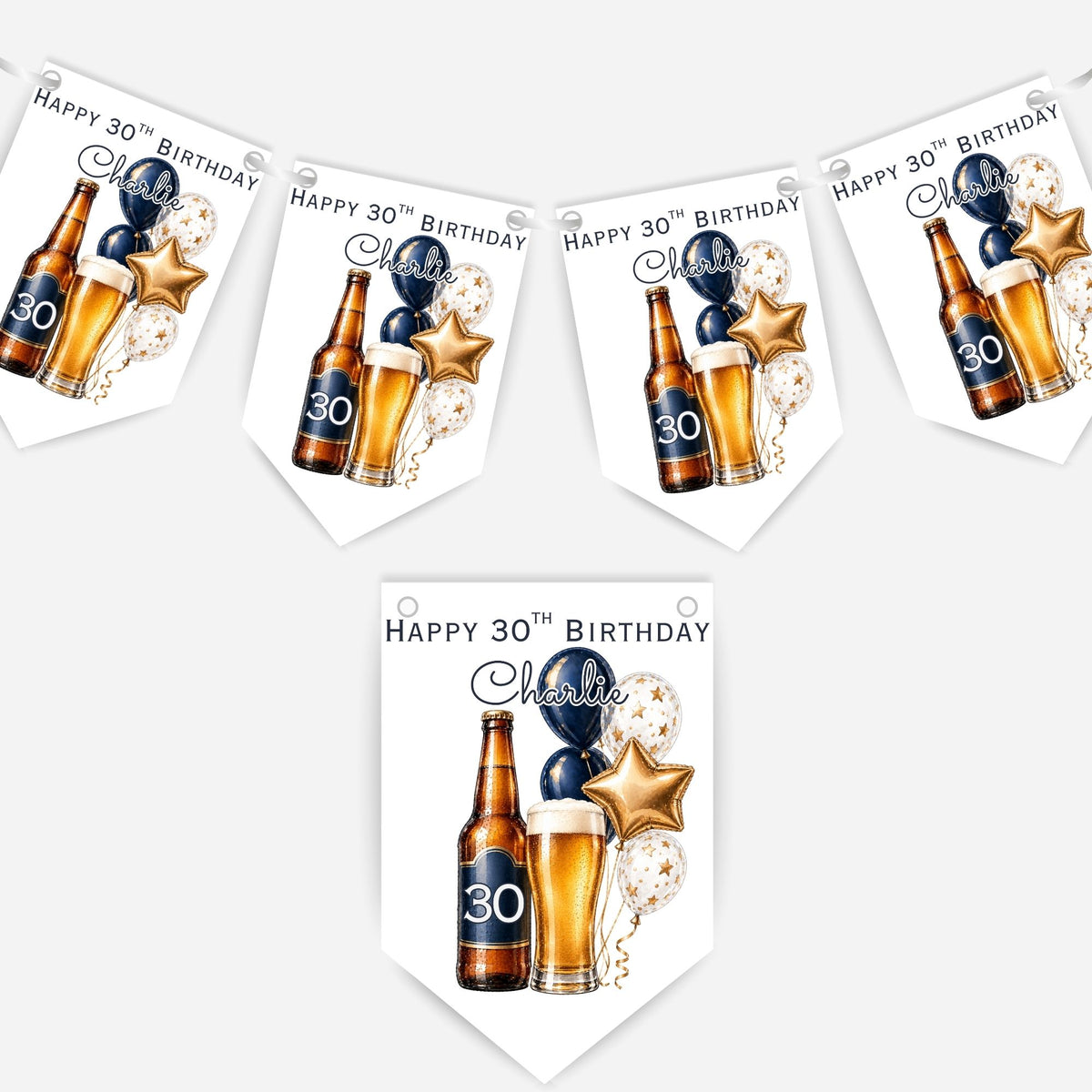 Beer and Balloons Birthday Bunting Decoration – Custom Name & Age - Party Banner – 2 Colours Available – B318