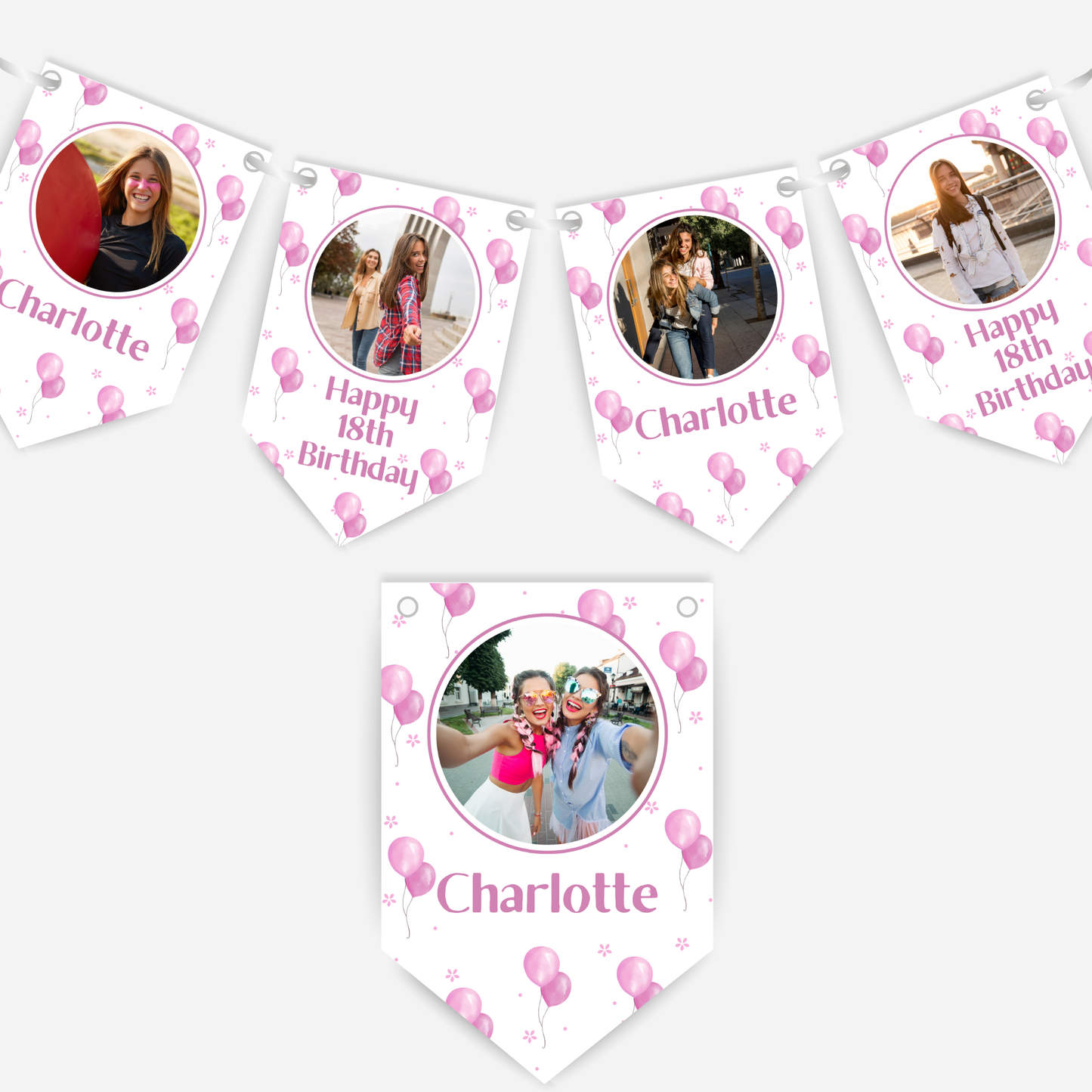 Personalised Pink Balloons Any Age  Photo Bunting - B185