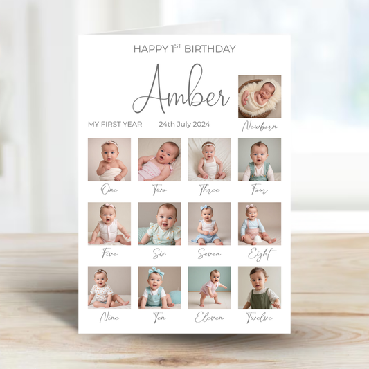 Newborn to 12 Months Milestone - Personalised 1st Birthday Photo Card - PC09
