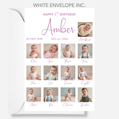 Newborn to 12 Months Milestone - Personalised 1st Birthday Photo Card - PC56