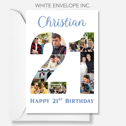 Blue 21st Birthday Photo Collage Card - PC08