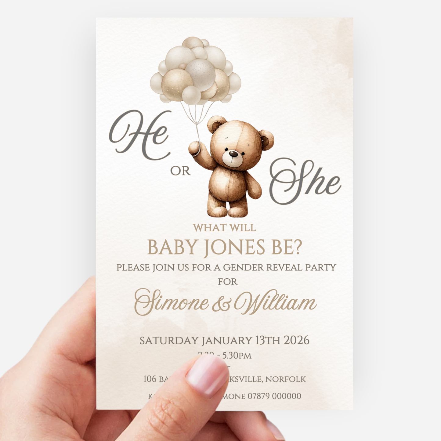 Cute Teddy Gender Reveal Invitations (Pack of 10) - P113