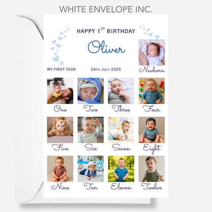 Newborn to 12 Months Milestone - Personalised 1st Birthday Photo Card - PC55