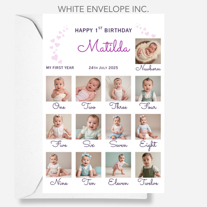 Newborn to 12 Months Milestone - Personalised 1st Birthday Photo Card - PC54