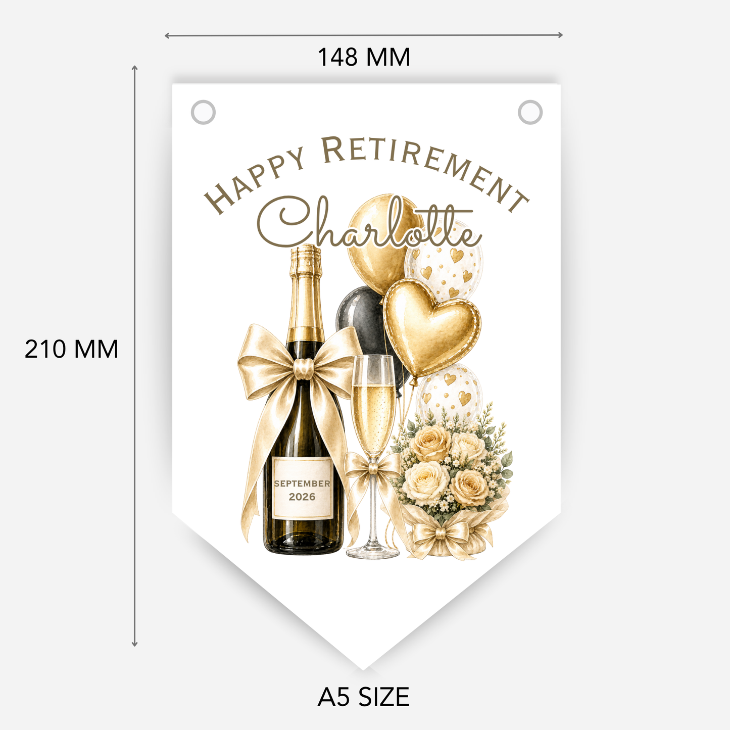 Retirement or any occasion bunting, pretty flowers, fizz and balloons design - B314